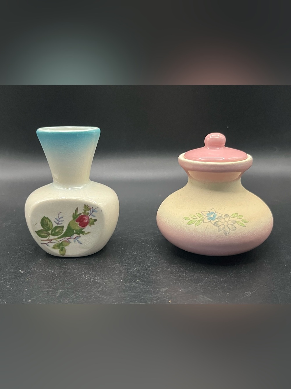 Vintage Hand-Painted Ceramic Mini Bud Vase & Jar in Pink and Teal